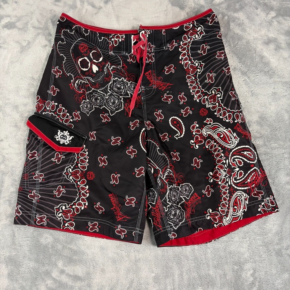 Billabong Board Shorts Swim Trunks 34 Surf Skull Y2K Wax Comb Bandana Paisley